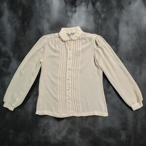 Vintage 1970s Blouse-Rhonda Lee-Cream Pleated Victorian Button Down-Lace Detail
